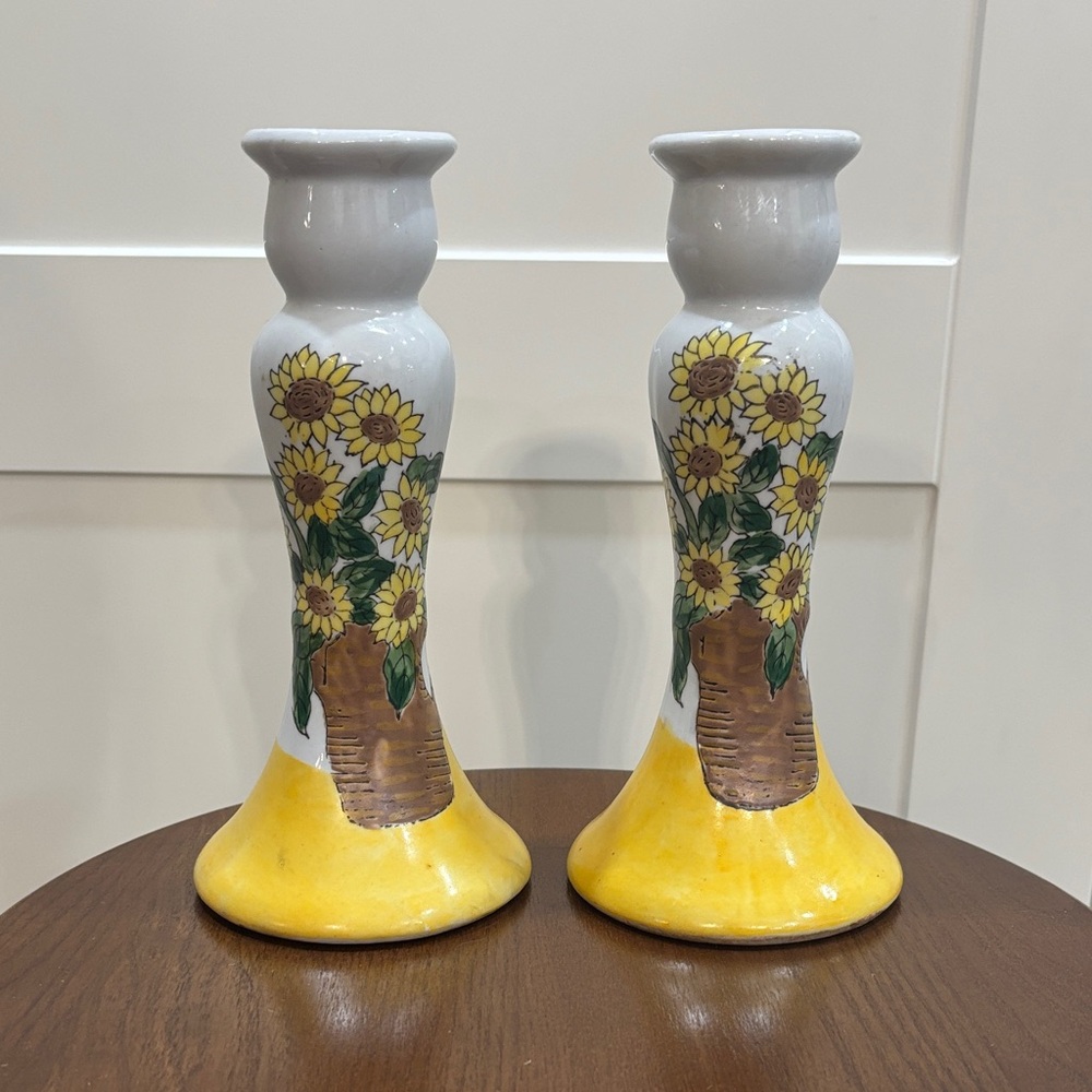 Hand-Painted Sunflower Ceramic Candlestick Pair - Yellow